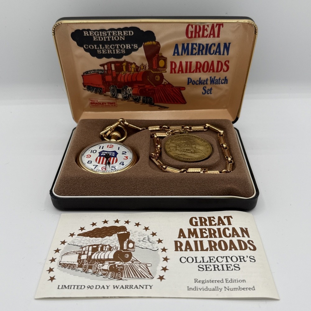 Bradley Time Great American Railroads Pocket Watch Set Union Pacfic WITH PAPERS